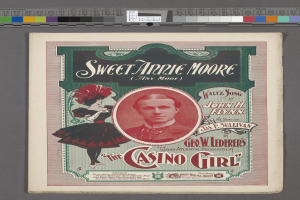 Plakat für 'Sweet Annie Moore und die Casino Girl' mit zwei Schauspielern, mit fetter Titeltext auf einem hellgelben Hintergrund.