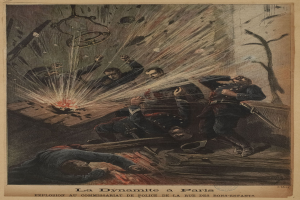 Chaotische Explosionsszene in Paris während der Französischen Revolution mit Menschen auf dem Boden und anderen um einen unordentlichen Tisch herum, betitelt "La Dynamite à Paris".
