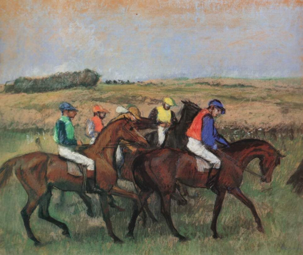 Gemälde von Jockeys, die auf Pferden über eine grüne Wiese mit Bäumen im Hintergrund und einem hellblauen Himmel rasen.
