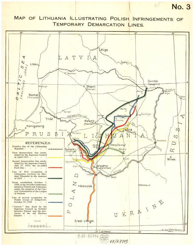 Detailierte Karte von Litauen, die polnische Überschreitungen der temporären Demarkationslinien zeigt, mit beschrifteten Städten, Dörfern und geografischen Merkmalen.