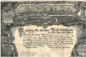 Ein altes deutsches Banknotenbild mit einer Stadtansicht, Text und zusätzlichen Bildern, die einen klassischen und zeitlosen Look vermitteln.