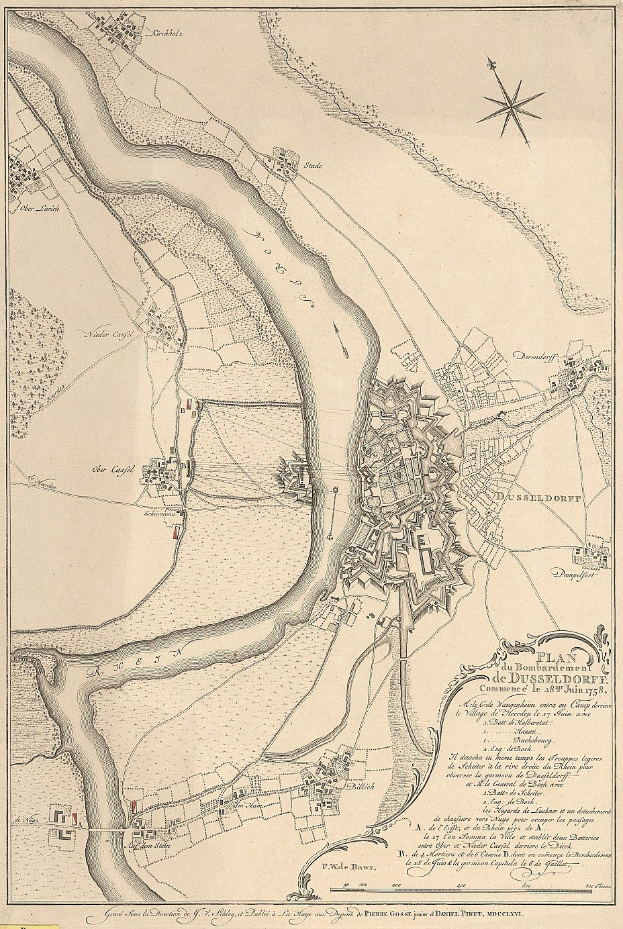 Ausführliche historische Karte von Düsseldorf, Deutschland, die die Straßen, Gebäude, den Fluss und Sehenswürdigkeiten der Stadt zeigt.