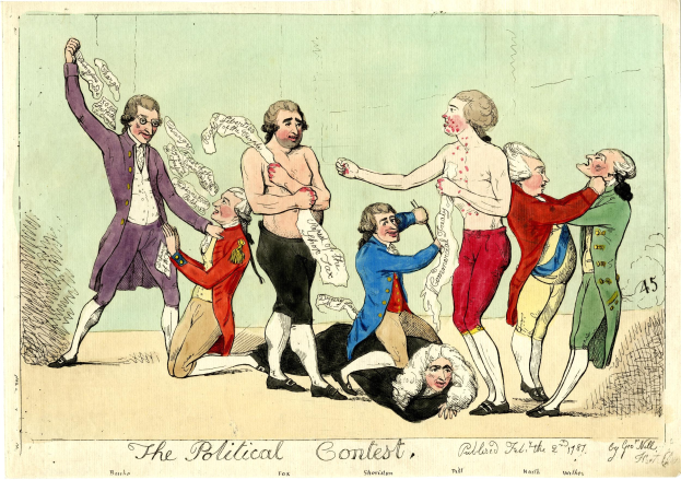 Politischer Cartoon betitelt "Der politische Wettbewerb", der eine Gruppe von Menschen in bunten Kleidern zeigt, wobei eine Person in der Mitte auf dem Boden liegt.