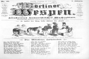 Eine alte Zeitung mit einer Karikatur eines Mannes in Zylinder und einer Frau in einem Kleid, beide mit besorgter Miene, betitelt mit "Berliner Wespn, Juli 1873".