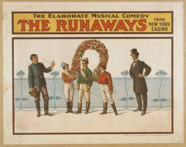 Plakat für 'Elaborate Musical Comedy Runaways' aus dem New Yorker Casino, das eine Gruppe von Menschen in einer Reihe mit einer zentralen Person zeigt, die einen Strauß hält, und Werbetext.