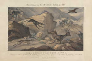 Eine Zeichnung einer Hirschjagdszene auf den schottischen Inseln, die Menschen, Tiere, Felsen, Pflanzen und einen fliegenden Vogel zeigt, mit Text unten.