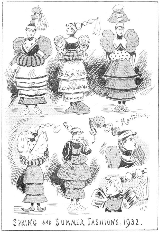 Fashion-Illustration aus dem Jahr 1932, die Frauen in Frühjahrs- und Sommerkleidern zeigt, mit begleitendem Text.