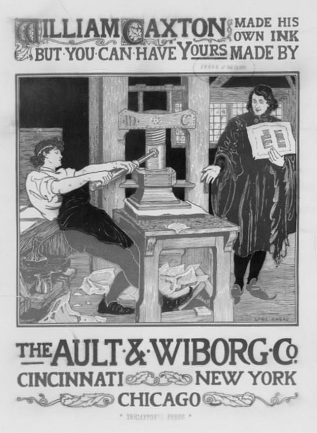 Alte Werbung für die Ault & Wiborg Co. in Cincinnati, New York, mit zwei Personen und einem Tisch sowie Text, der die Produkte der Firma bewirbt.