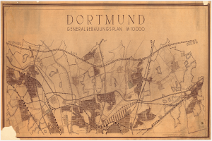 Ein detaillierter alter Stadtplan von Dortmund, Deutschland, der Straßen, Gebäude und Sehenswürdigkeiten mit Textanmerkungen zeigt.