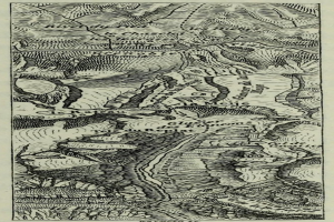 Eine Schwarz-Weiß-Topografische Karte des Rheins, die Höhen, Geländekonturen und beschriftete geographische Merkmale zeigt.