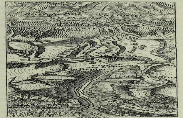 Eine Schwarz-Weiß-Topografische Karte des Rheins, die Höhen, Geländekonturen und beschriftete geographische Merkmale zeigt.