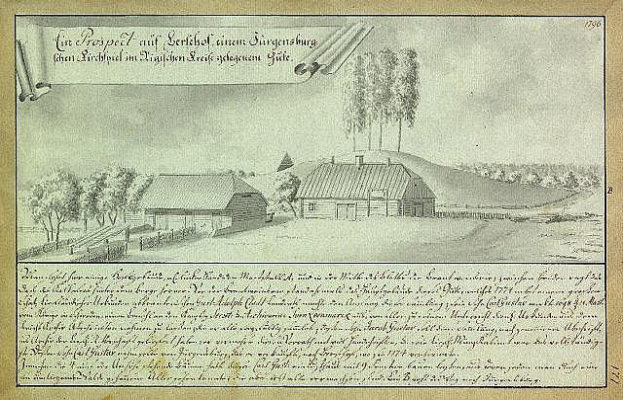 Ein altes Dokument mit einer Zeichnung eines Hofes in einem Feld, umgeben von Häusern, Bäumen und einem Himmel, mit der Inschrift "Surgensburg, Deutschland - Landschaft eines Hofes".