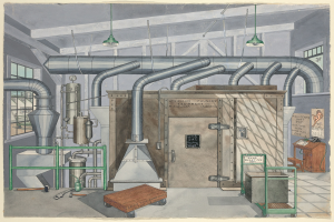 Ein detailliertes industrielles Fabriken-Drawing, das eine zentrale große Maschine, umgeben von kleineren Maschinen, Rohren, einer Tür, einem Wagen, einem Tisch, einem Stuhl, einer Tafel mit der Aufschrift "American Foundry Equipment Co, Indiana" und Fenstern sowie Deckenleuchten zeigt.