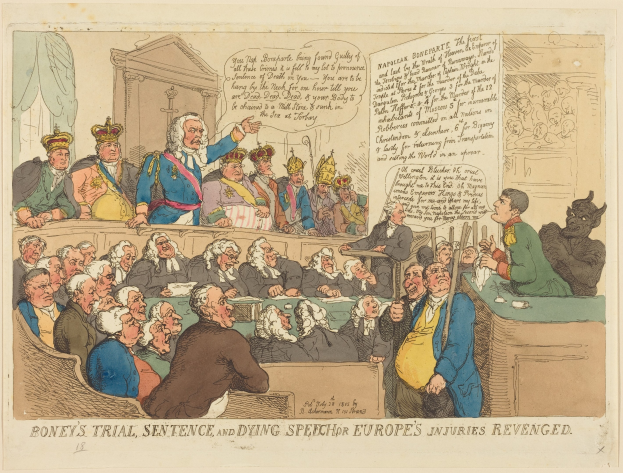 Cartoon-Courtroom-Szene mit einem stehenden Mann in der Mitte, sitzenden Figuren, einem Tisch mit Gegenständen auf der rechten Seite und dem Text "Boney's Trial, Sentence and Dying Speech Europe's Injuries Revenged" unten.