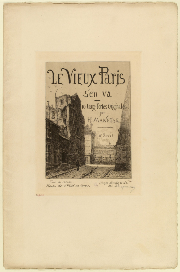 Ein altes Buch mit einer Zeichnung einer belebten Stadtstraße, das Gebäude und Text auf seinen Seiten zeigt.