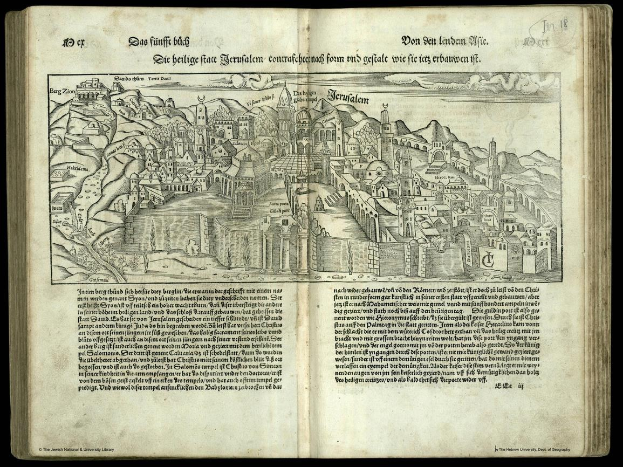 Offenes Buch aus der jüdischen Nationalbibliothek mit einer Stadtillustration, Text und Bildern auf schwarzem Hintergrund.