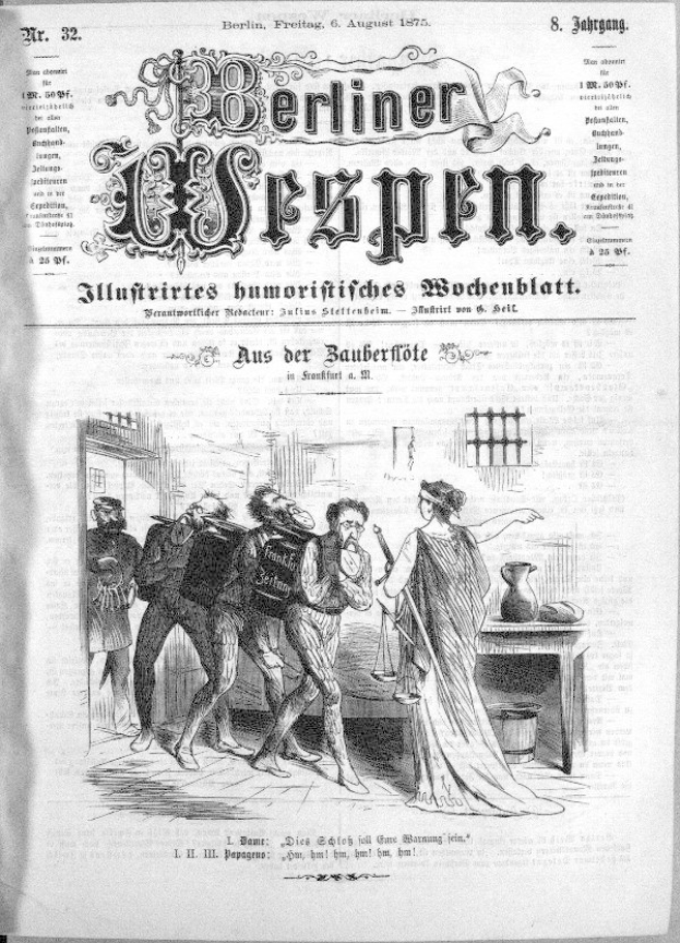 Altes Schwarz-Weiß-Zeitungsbild vom 'Berliner Wespen, 6. August 1875' mit einer besorgten Gruppe von Menschen, einige schauen ängstlich nach oben und andere verwirrt nach unten.