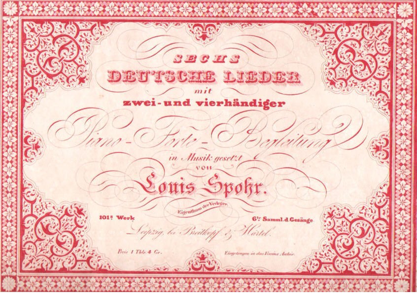 Altes deutsches Aktienzertifikat mit der Aufschrift "Louis Spohr - Zweites Deutsches Lieder" und einem roten Rand.