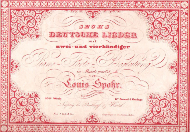 Altes deutsches Aktienzertifikat mit der Aufschrift "Louis Spohr - Zweites Deutsches Lieder" und einem roten Rand.