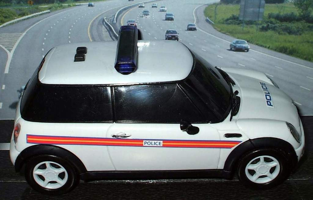 Weißes Polizeiauto mit "Polizei"-Aufschrift vor fahrendem Verkehr auf einer von Gras und Bäumen gesäumten Straße außerhalb der Stadt.