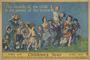 Ein Plakat mit Kindern auf dem Boden, einige halten Körbe, und der Text "Die Gesundheit des Kindes ist die Macht der Nation" oben drauf.