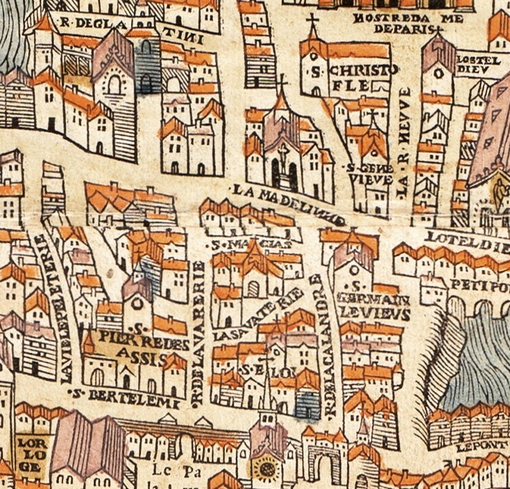 Alte dekorative Stadtkarte mit detaillierten Straßen, Gebäuden und Sehenswürdigkeiten in einer verzierten Schriftart.