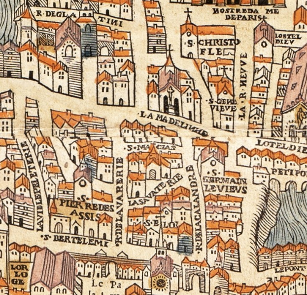 Alte dekorative Stadtkarte mit detaillierten Straßen, Gebäuden und Sehenswürdigkeiten in einer verzierten Schriftart.
