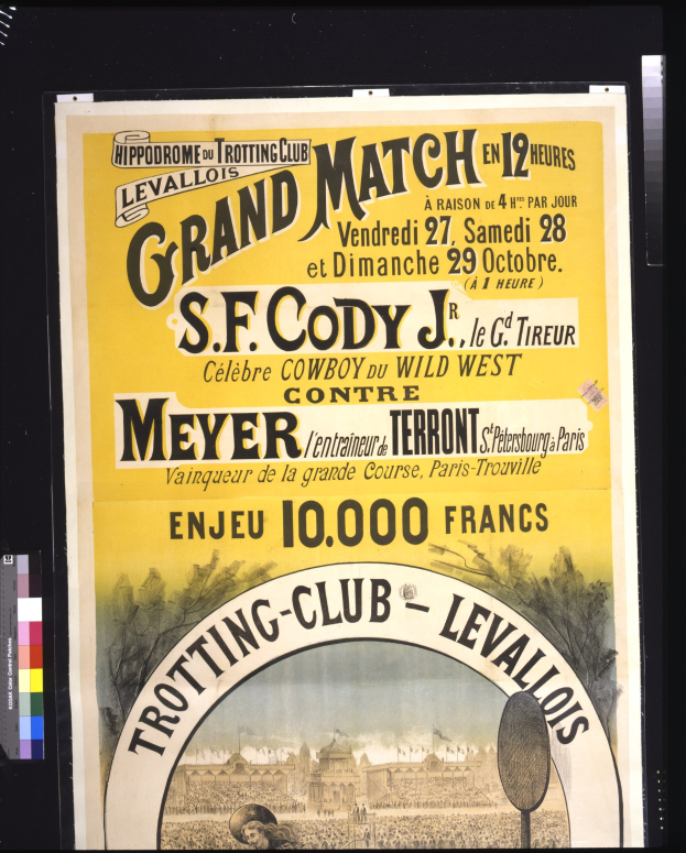 Alte Ankündigung für ein großes Match zwischen S.F. Cody und Meyer mit Textbeschreibung.