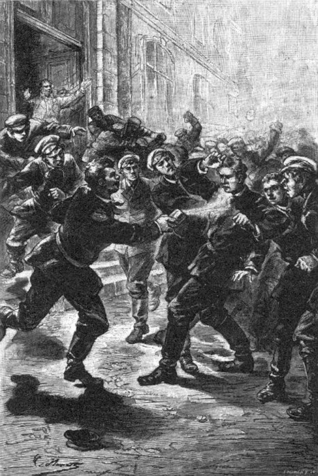 Schwarze und weiße Illustration einer gewalttätigen Straßenschlägerei zwischen einer Gruppe von Männern, mit einem Gebäude im Hintergrund und der Bildunterschrift "Victorian riots in London, England" unten.