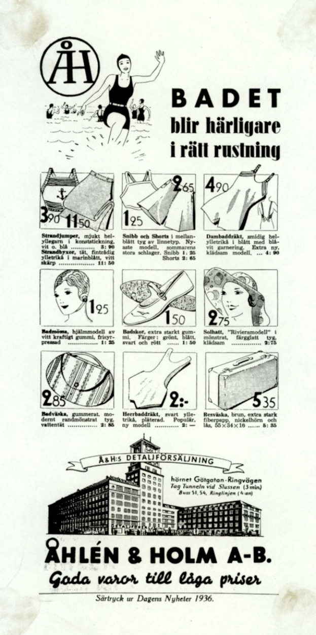 Frau in weißem Bikini mit blauen und weißen Streifen, mit einem Pferdeschwanz, direkt in die Kamera schauend in einer Werbung umgeben von Bildern von Menschen, Gebäuden und fetter Schrift.