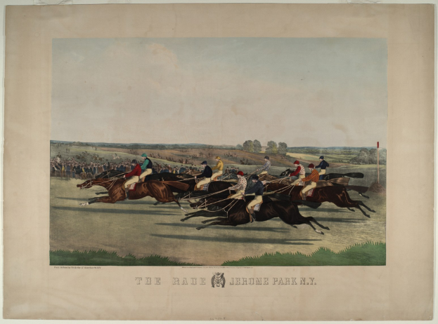 Gruppe von Menschen, die auf Pferden reitet, auf einer grünen Wiese mit Bäumen und einem blauen Himmel im Hintergrund, Text unten lautet "Das Rennen im Jerome Park, New York".