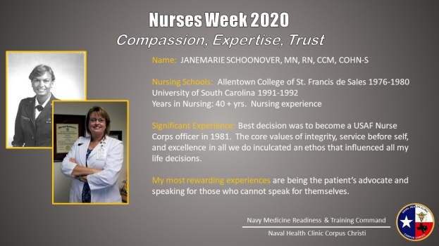 Plakat zur Nurses Week 2020 mit zwei Fotos von Krankenschwestern links und dem Text "Mitgefühl, Expertise, Vertrauen" rechts, darunter ein Logo.