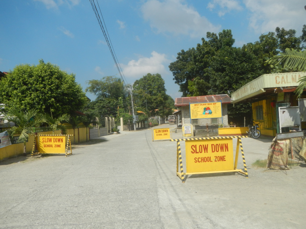 Gelbes "Vorsicht Schulzone"-Schild auf der linken Seite einer Straße mit parkenden Fahrzeugen auf der rechten Seite, Bäumen, Gebäuden, Strommasten, Drähten und Himmel im Hintergrund.