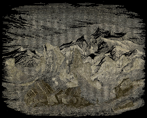 Schwarze und weiße Gravur eines Gebirgszuges mit Felsen im Vordergrund und einem Himmel im Hintergrund, beschriftet mit "Mount Everest" unten.