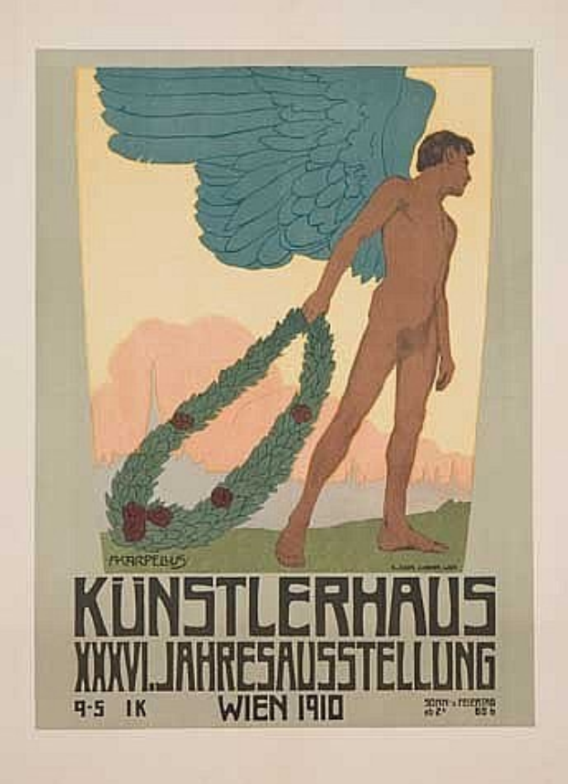 Deutsches Propagandaplakat aus dem Jahr 1910 für das Künstlerhaus Wien, das einen geflügelten Mann in einem Kranz mit ausgestreckten Armen zeigt, sowie eine markante Schrift oben und leuchtende Farben.