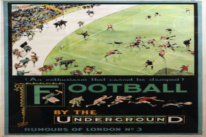 Plakat, das Zuschauer bei einem Fußballspiel in einem Stadion zeigt, mit der Überschrift "Fußball unter der Erde - Londoner Humor Nr. 3" oben.