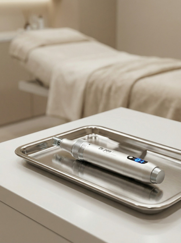 Ein modernes Microneedling-Gerät auf einem sterilen Tablett in einem professionell eingerichteten Kosmetikstudio.