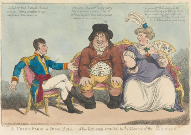 Eine Karikatur eines Mannes mit Hut und einer Frau mit Fächer, die auf einem Sofa sitzen, mit Text oben und unten, der "Eine Reise nach Paris oder John Bull und seine Ehefrau zu den Conors des Sitzens" lautet.