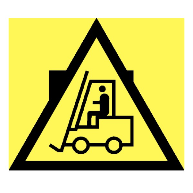 Warnschild mit einem gelben und schwarzen Hintergrund, das eine Gabelstapler-Illustration zeigt, weist darauf hin, dass Gabelstapler in dem Gebiet verboten sind.