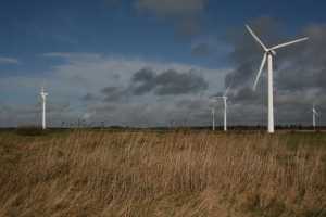 Ein Windturbinenfeld auf einer grünen Fläche mit Bäumen im Hintergrund und Wolken am Himmel, mit Text, der den Standort als Niederlande angibt.