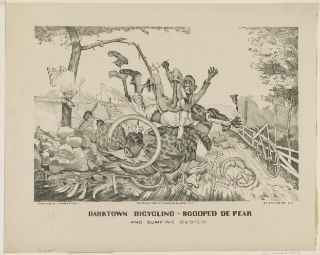 Schwarz-weiß-Illustration einer Gruppe von Menschen auf einem hellgelben Fahrrad, die besorgt wirken, unter einem dunklen blauen Himmel mit Wolken, mit Text unten lesbar "darktown bicycling - scooped de pear and sumfins busted."