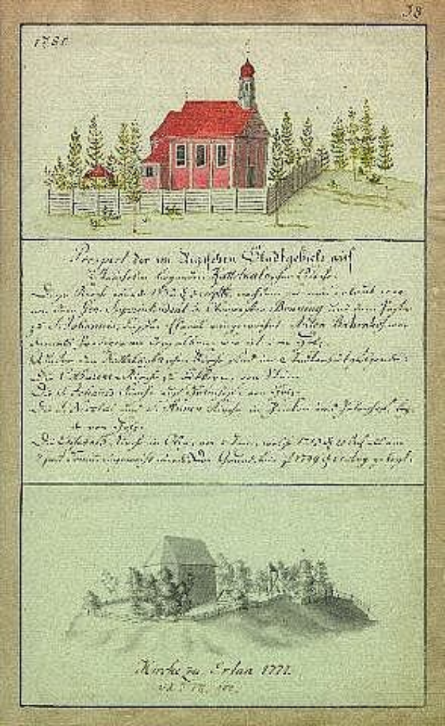 Ein altes Buch mit einer roten Hausillustration umgeben von Bäumen und einem Zaun, betitelt "Deutsche Schule in den Niederlanden, 1777".