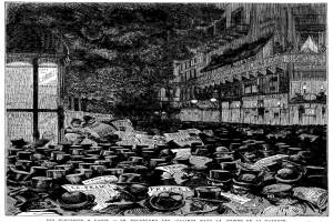 Schwarz-weiß-Illustration einer belebten Pariser Straße mit einem Gebäude auf der rechten Seite und einem Baum im Hintergrund, betitelt "Les élections à Paris, le boulevard des italiens dans la soirée du 16 octobre 1885."