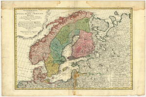 Alte Landkarte von Skandinavien mit Provinzen von Schweden und Norwegen auf altem Papier mit handgeschriebenem Text.