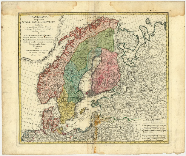 Alte Landkarte von Skandinavien mit Provinzen von Schweden und Norwegen auf altem Papier mit handgeschriebenem Text.