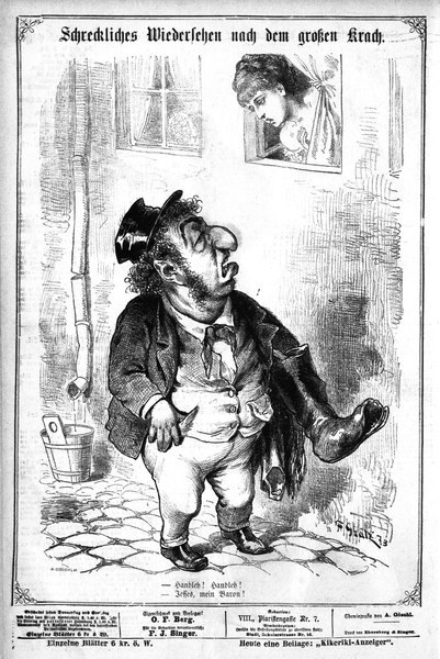 Cartoon-Illustration eines Mannes mit Zylinder und einer Frau in einem Kleid, die neben einer Wand mit Fenster, Eimer und anderen Gegenständen stehen, mit Text unten lesend "F. J. Singer, der erste deutsche Politiker, der in den Kongress gewählt wurde."