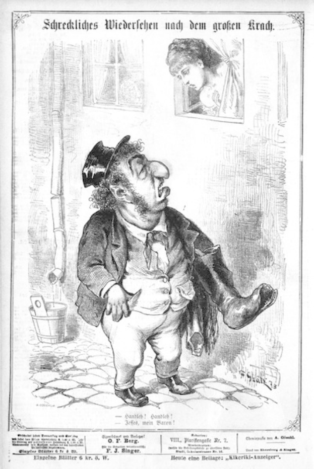 Cartoon-Illustration eines Mannes mit Zylinder und einer Frau in einem Kleid, die neben einer Wand mit Fenster, Eimer und anderen Gegenständen stehen, mit Text unten lesend "F. J. Singer, der erste deutsche Politiker, der in den Kongress gewählt wurde."