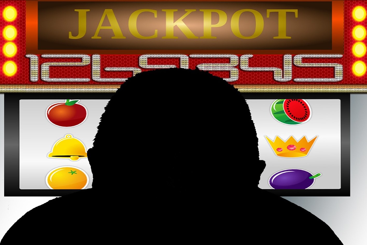 Ein Mann spielt ein Online-Slot-Spiel mit "Jackpot" auf dem Bildschirm, umgeben von fruchtmotivierten Symbolen und Text.