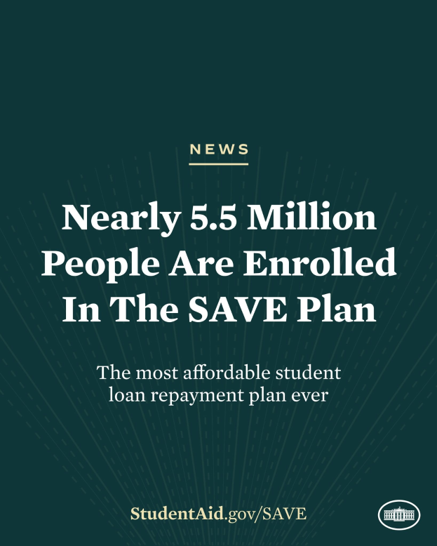 Plakat mit Text, der besagt "Fast 5,5 Millionen Menschen sind in der Sparpläne enrolled," betont die erschwinglichkeit des neuesten student loan repayment plan.