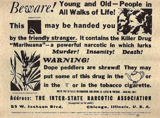 Alte Zeitungsanzeige für die Inter-State Narcotic Association mit einem Bild eines Mannes und einer Frau und der Warnungstext "Vorsicht, jung und alt in allen Lebensbereichen".
